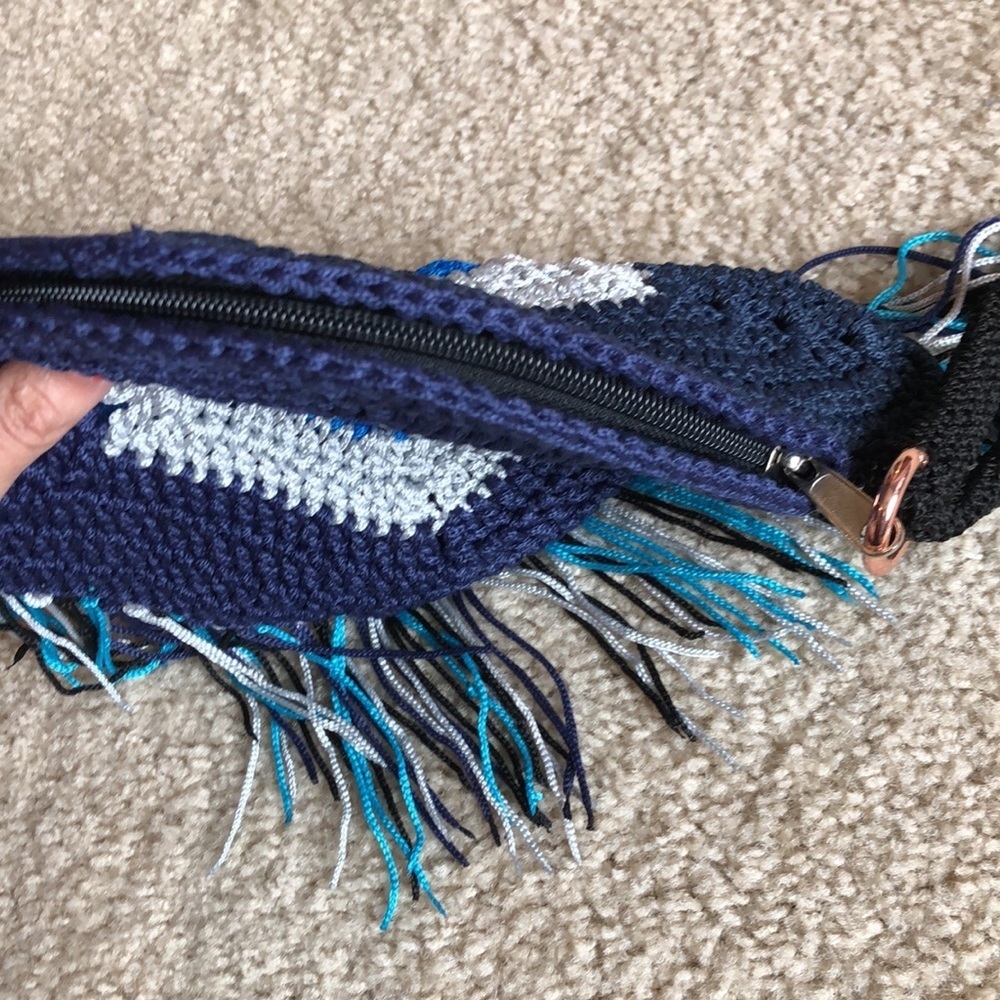 Evil eye knitted clutch blue white fringe bag handbag wristlet navy bag - Picture 5 of 7